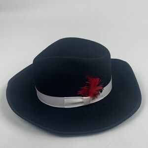 Vintage HXC Men’s Black Wool Western Fedora Hat Red Feather White Band Made USA